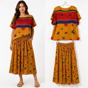 AC Sport Vintage 90s 2 Piece Skirt Set Yellow Novelty Print 18W Southwestern